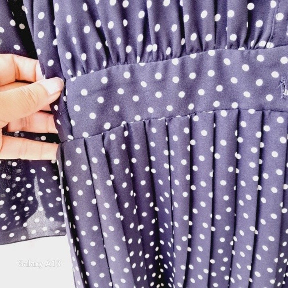 Zara Navy Blue Polka Dot Midi Dress with White Collar - Picture 5 of 7